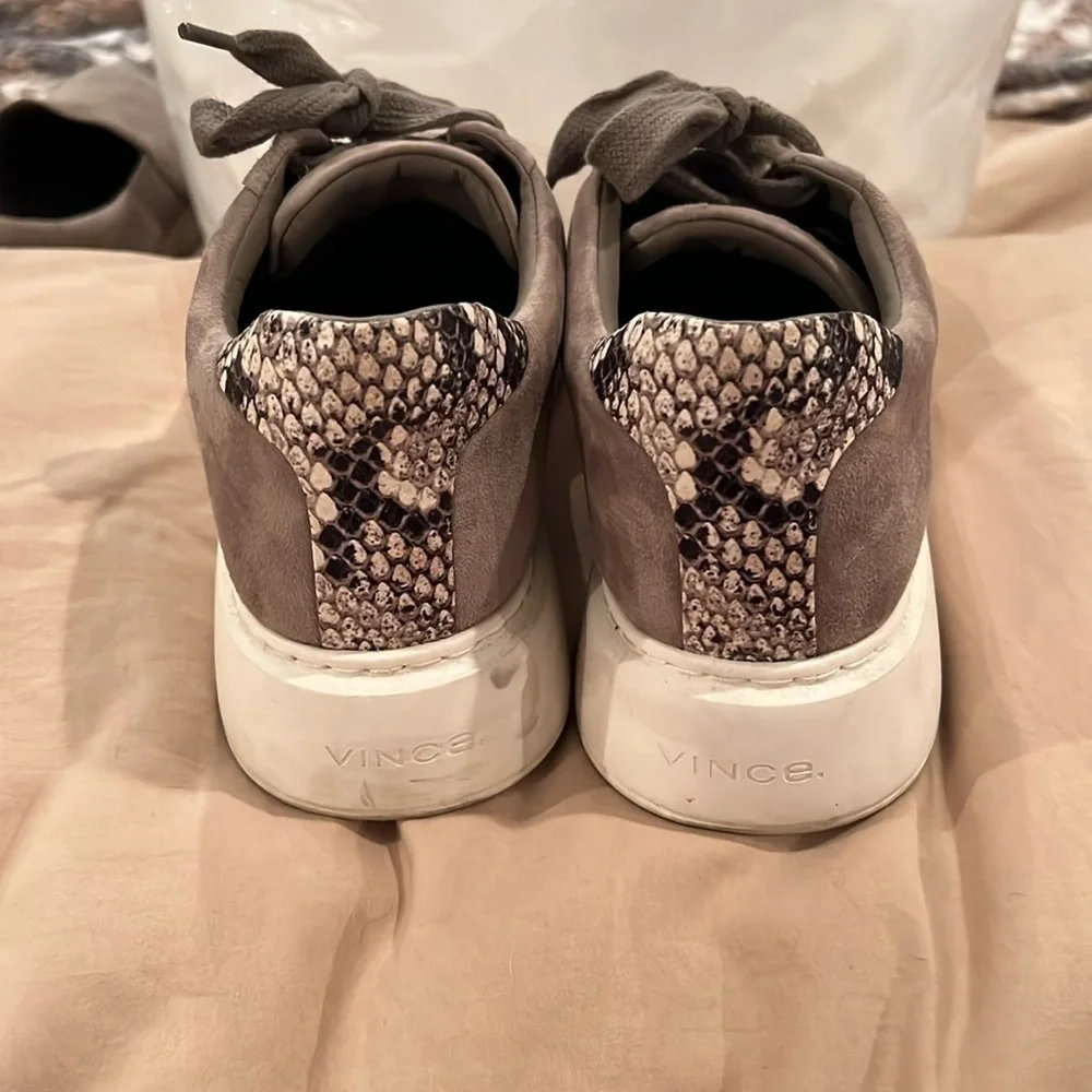 VINCE Gray Suede with Snake Print Heel Lace Up Platform Sneakers